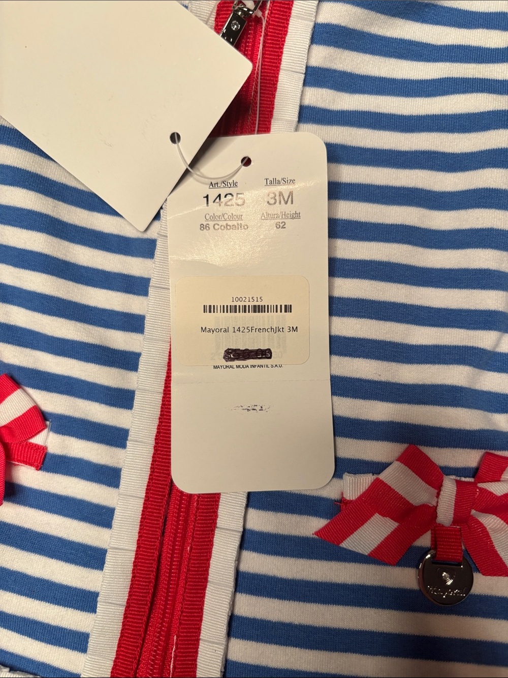 Mayoral Girl Toddler Blue Red White Striped Top Jacket Bows Size 62cm 3m NWT - Picture 5 of 15